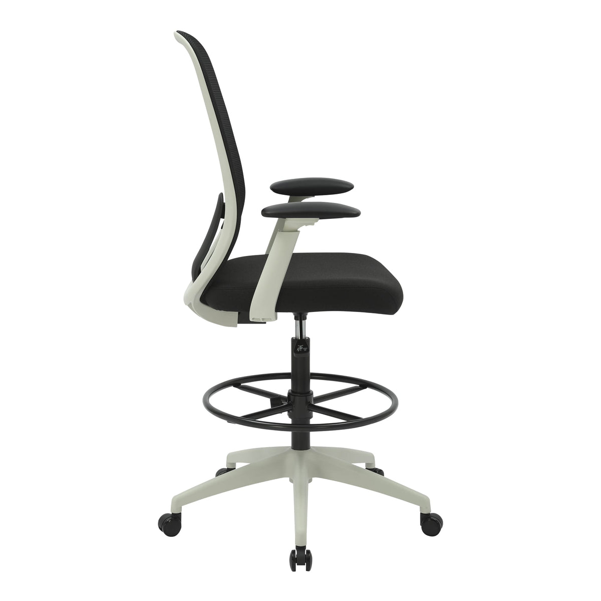 Side view of the light grey Buro Force drafting chair showing the black mesh back, armrest height and the foot ring on the gas lift