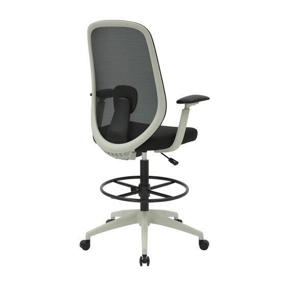 Rear three quarter view of the Buro Force drafting chair with its light grey frame around the black mesh and the lumbar pad