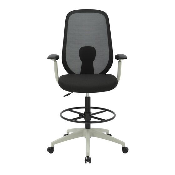 Front view of the light grey framed Buro Force drafting chair showing the lumbar pad, black seat and both armrests