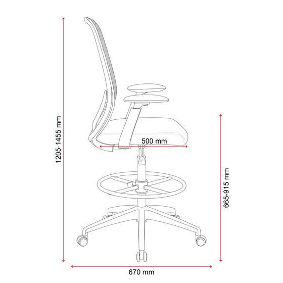 Side line drawing of the Buro Force drafting chair marked with a 1205 to 1455mm height, 665 to 915mm seat height and 670mm depth