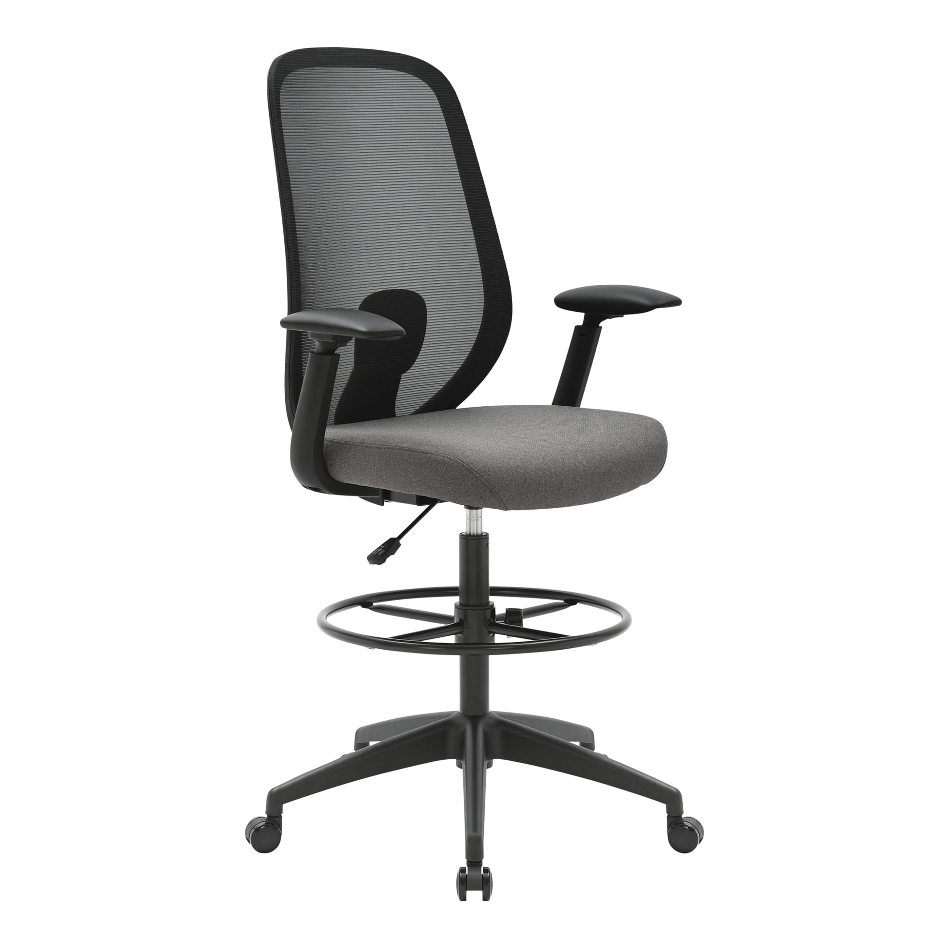 Alternate angle of Buro Force Drafting Chair with Arms Black Frame showing profile and construction detail