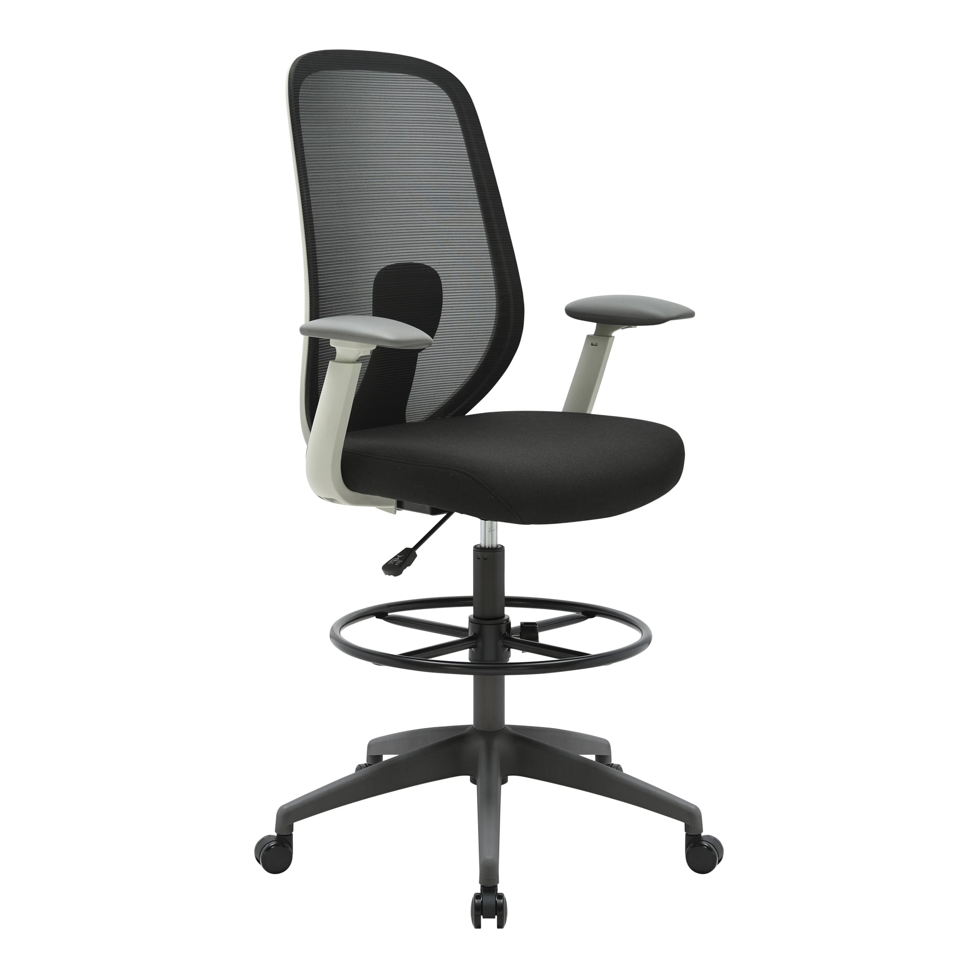 Front angle view of Buro Force Drafting Chair with Arms Light Grey Frame against a white studio background