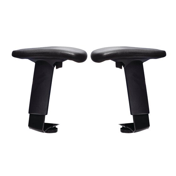 Buro 180-2 height and width adjustable arms, a black left and right arm with padded tops, upright stems and mounting brackets at the base