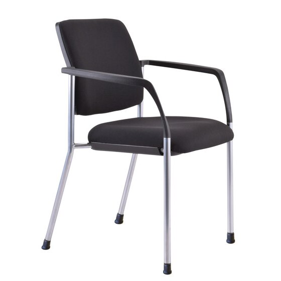 Angled studio view of the Buro Lindis silver frame visitor chair showing the black fabric seat and back cushions on the stackable four leg steel frame