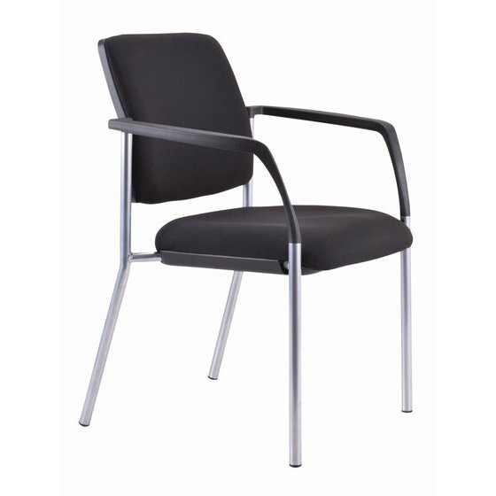 Buro Lindis four leg visitor chair with a reflective silver powder coated steel frame and black polypropylene arms, upholstered in black fabric, photographed on a white studio background