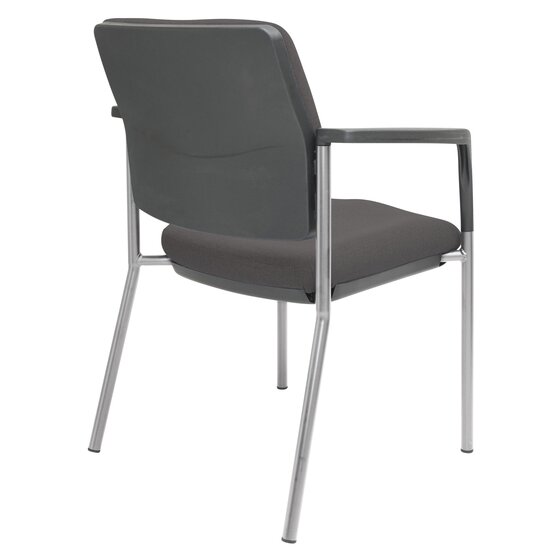 Angled studio view of the Buro Lindis silver frame visitor chair showing the SafeTex Charcoal seat and back cushions on the stackable four leg steel frame