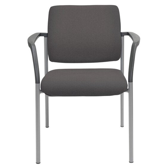 Alternate angle of the Buro Lindis visitor chair highlighting the PU moulded foam seat and high density foam back in SafeTex Charcoal with silver powder coated legs