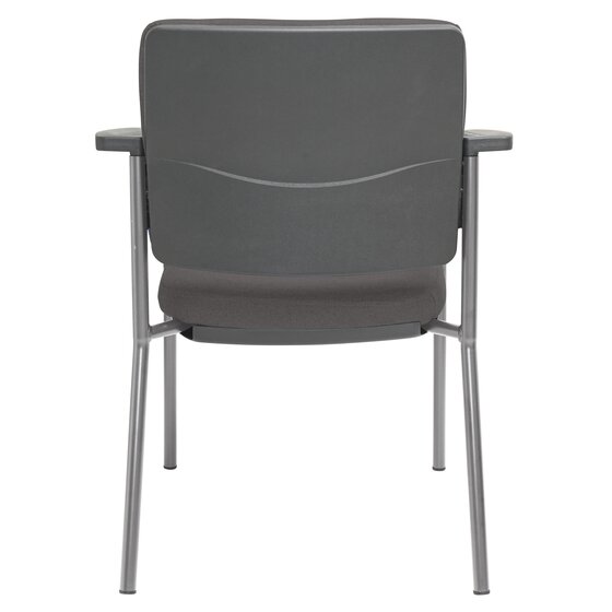 Studio view of the Buro Lindis chair showing the contoured SafeTex Charcoal back rest, black arm caps and the silver four leg frame junctions