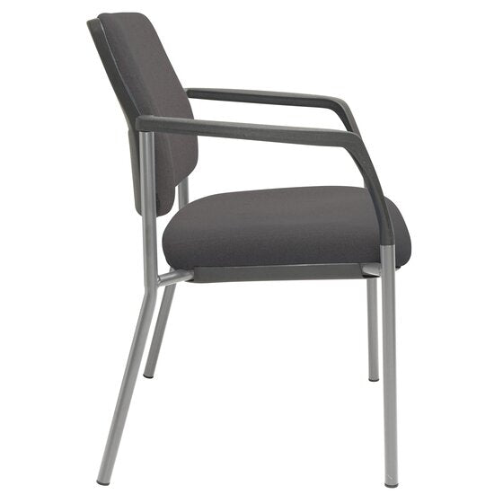 Close up detail of the Buro Lindis chair showing the SafeTex Charcoal dark grey fabric weave and the silver powder coat finish on the steel legs