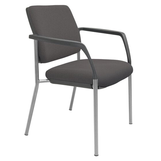 Buro Lindis four leg visitor chair with a reflective silver powder coated steel frame and black polypropylene arms, upholstered in SafeTex Charcoal dark grey antibacterial fabric, on a white studio background