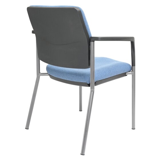 Angled studio view of the Buro Lindis silver frame visitor chair showing the SafeTex Cobalt blue seat and back cushions on the stackable four leg steel frame