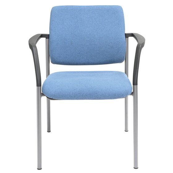 Alternate angle of the Buro Lindis visitor chair highlighting the PU moulded foam seat and high density foam back in SafeTex Cobalt with silver powder coated legs