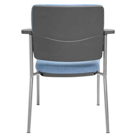 Studio view of the Buro Lindis chair showing the contoured SafeTex Cobalt back rest, black arm caps and the silver four leg frame junctions