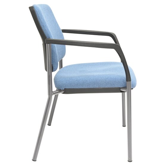 Close up detail of the Buro Lindis chair showing the SafeTex Cobalt blue fabric weave and the silver powder coat finish on the steel legs