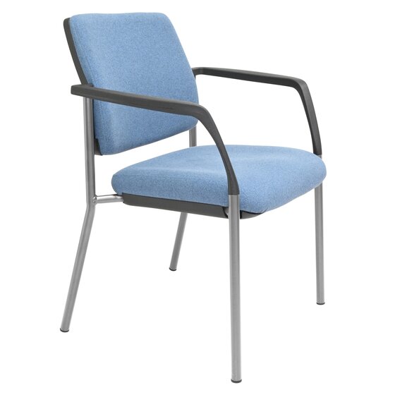 Buro Lindis four leg visitor chair with a reflective silver powder coated steel frame and black polypropylene arms, upholstered in SafeTex Cobalt blue antibacterial fabric, on a white studio background