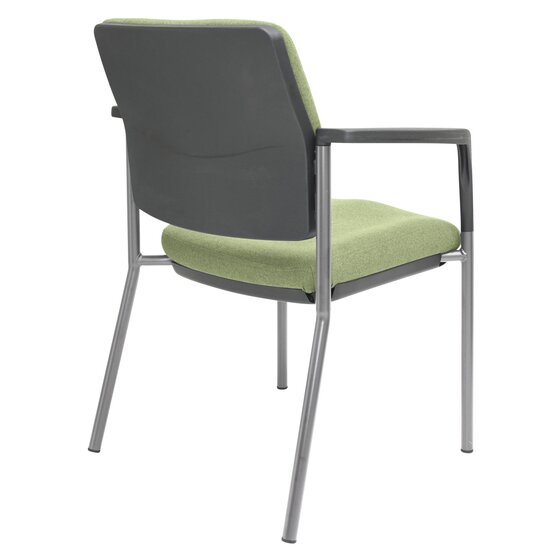 Angled studio view of the Buro Lindis silver frame visitor chair showing the SafeTex Olive seat and back cushions on the stackable four leg steel frame