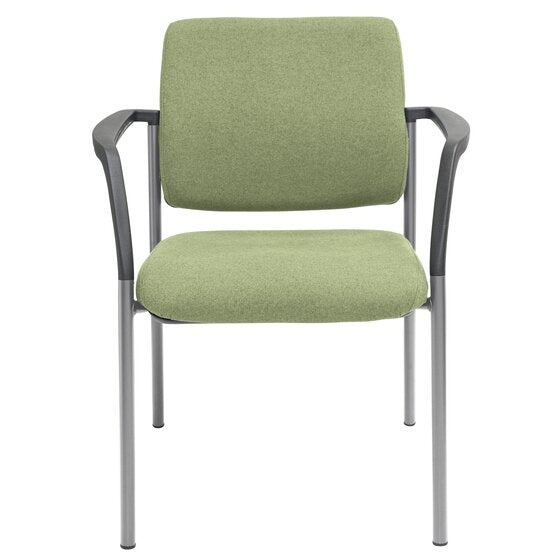 Alternate angle of the Buro Lindis visitor chair highlighting the PU moulded foam seat and high density foam back in SafeTex Olive with silver powder coated legs