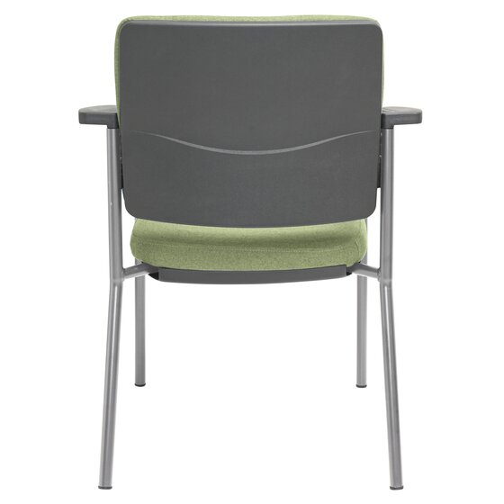 Studio view of the Buro Lindis chair showing the contoured SafeTex Olive back rest, black arm caps and the silver four leg frame junctions