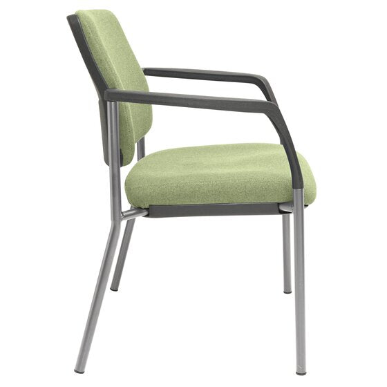 Close up detail of the Buro Lindis chair showing the SafeTex Olive green fabric weave and the silver powder coat finish on the steel legs