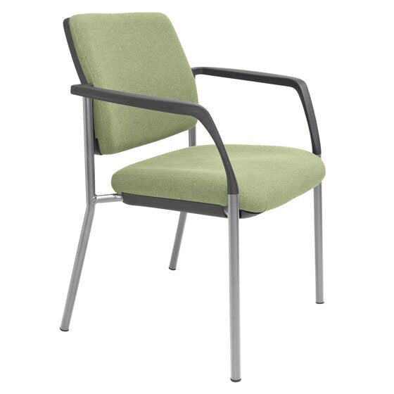 Buro Lindis four leg visitor chair with a reflective silver powder coated steel frame and black polypropylene arms, upholstered in SafeTex Olive green antibacterial fabric, on a white studio background