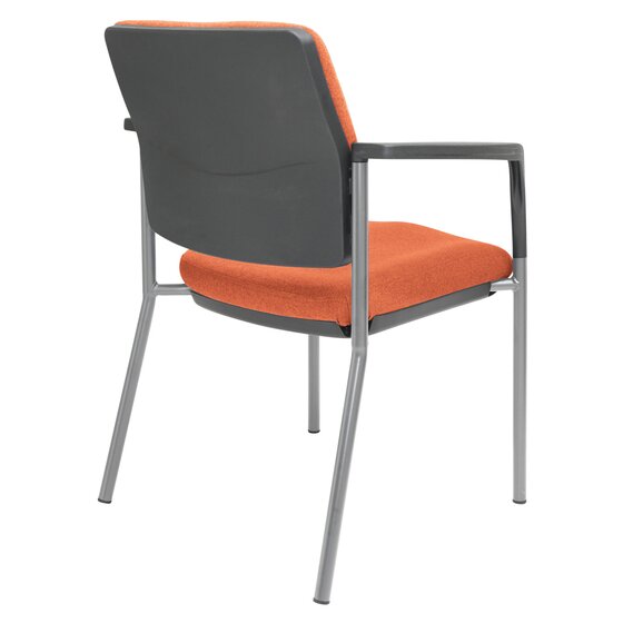 Angled studio view of the Buro Lindis silver frame visitor chair showing the SafeTex Rust seat and back cushions on the stackable four leg steel frame