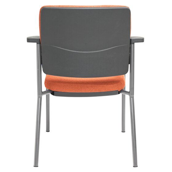 Studio view of the Buro Lindis chair showing the contoured SafeTex Rust back rest, black arm caps and the silver four leg frame junctions