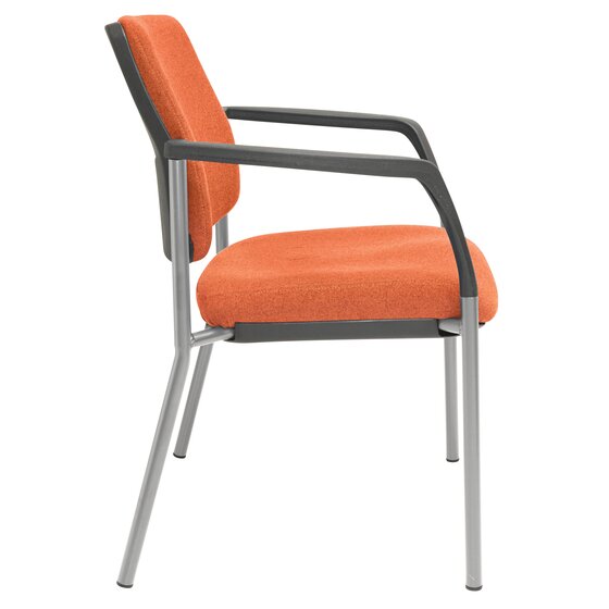 Close up detail of the Buro Lindis chair showing the SafeTex Rust burnt orange fabric weave and the silver powder coat finish on the steel legs