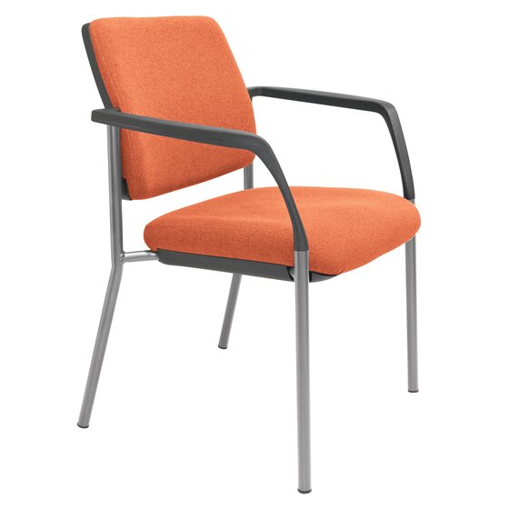 Buro Lindis four leg visitor chair with a reflective silver powder coated steel frame and black polypropylene arms, upholstered in SafeTex Rust burnt orange antibacterial fabric, on a white studio background