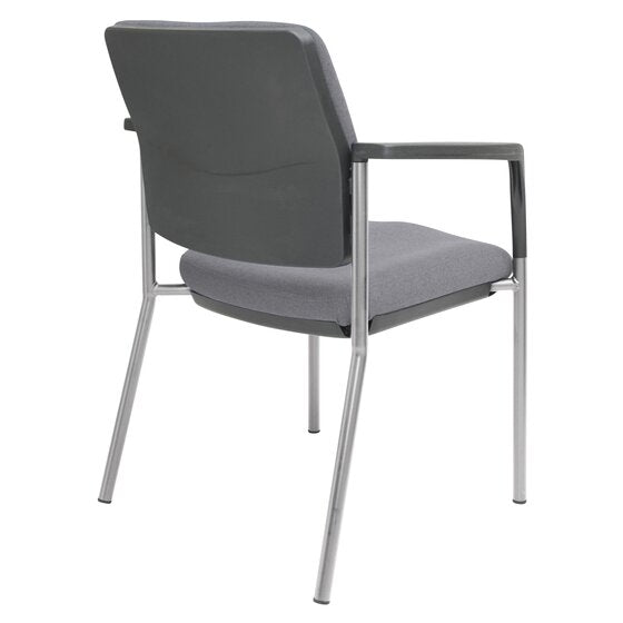 Angled studio view of the Buro Lindis silver frame visitor chair showing the SafeTex Smoke grey seat and back cushions on the stackable four leg steel frame