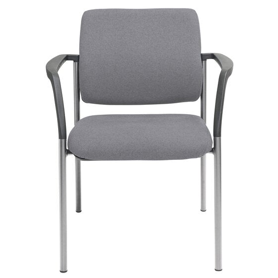 Alternate angle of the Buro Lindis visitor chair highlighting the PU moulded foam seat and high density foam back in SafeTex Smoke with silver powder coated legs