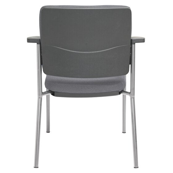 Studio view of the Buro Lindis chair showing the contoured SafeTex Smoke back rest, black arm caps and the silver four leg frame junctions