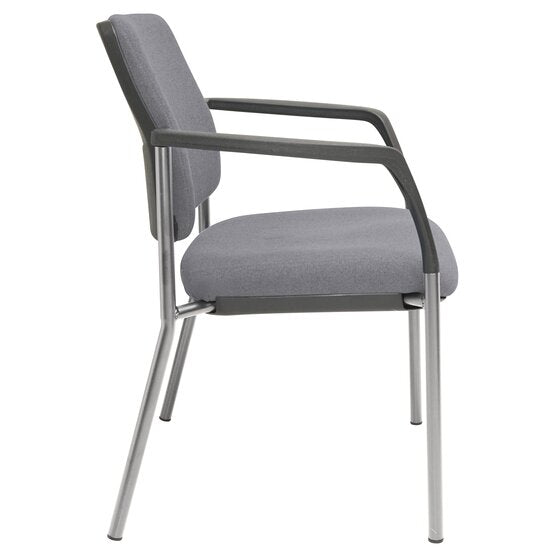 Close up detail of the Buro Lindis chair showing the SafeTex Smoke soft grey fabric weave and the silver powder coat finish on the steel legs