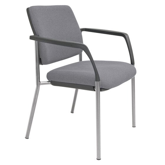 Buro Lindis four leg visitor chair with a reflective silver powder coated steel frame and black polypropylene arms, upholstered in SafeTex Smoke soft grey antibacterial fabric, on a white studio background