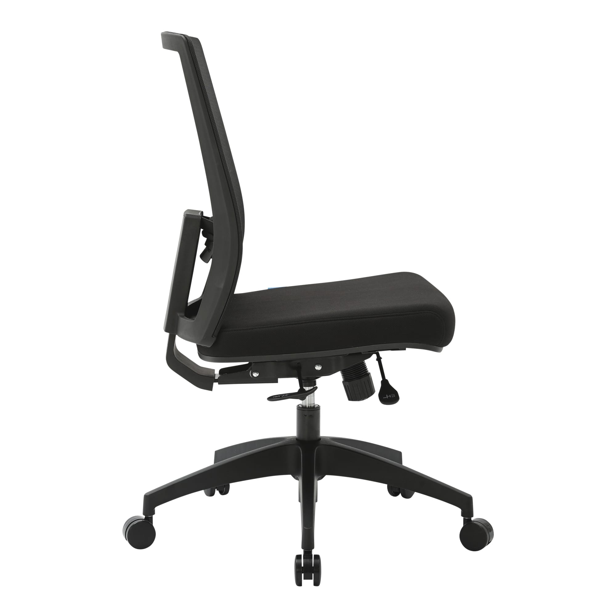 Side profile of the Buro Mantra armless office chair in black, showing the backrest height, seat depth and two lever synchro mechanism beneath the seat