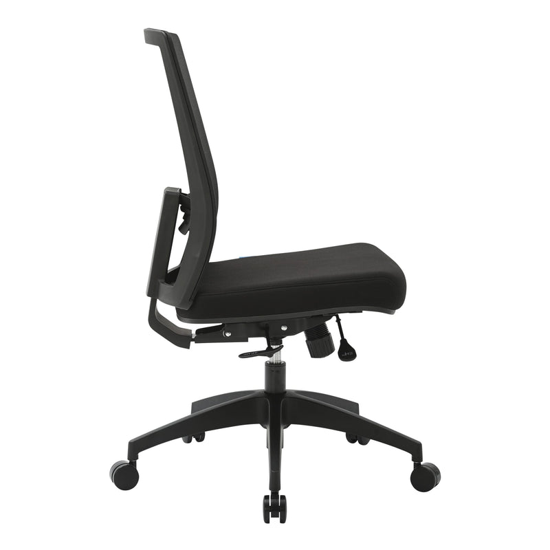 Side profile of the Buro Mantra armless office chair in black, showing the backrest height, seat depth and two lever synchro mechanism beneath the seat