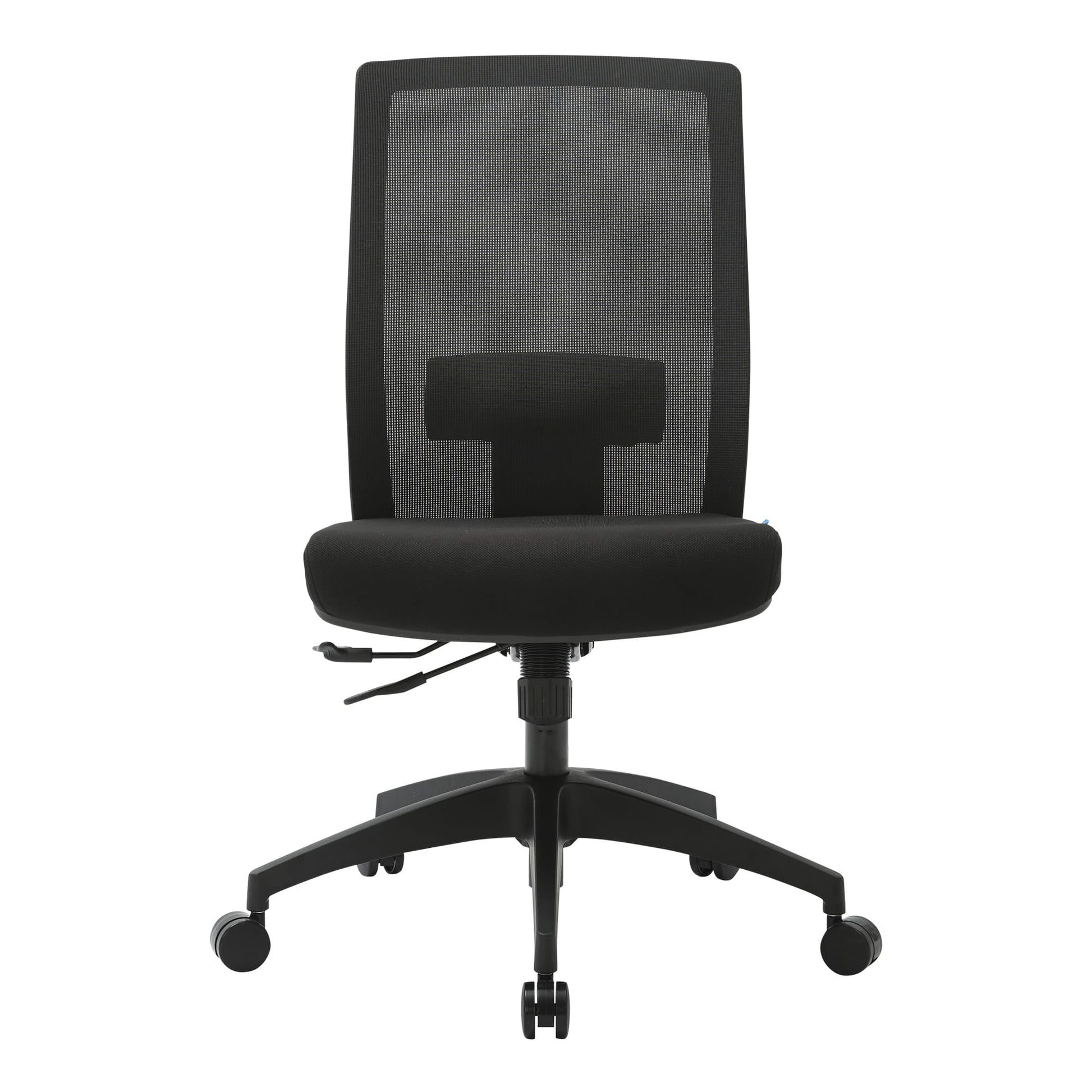 Front view of the black Buro Mantra chair without arms, showing the full width of the mesh back, fabric seat and black nylon base