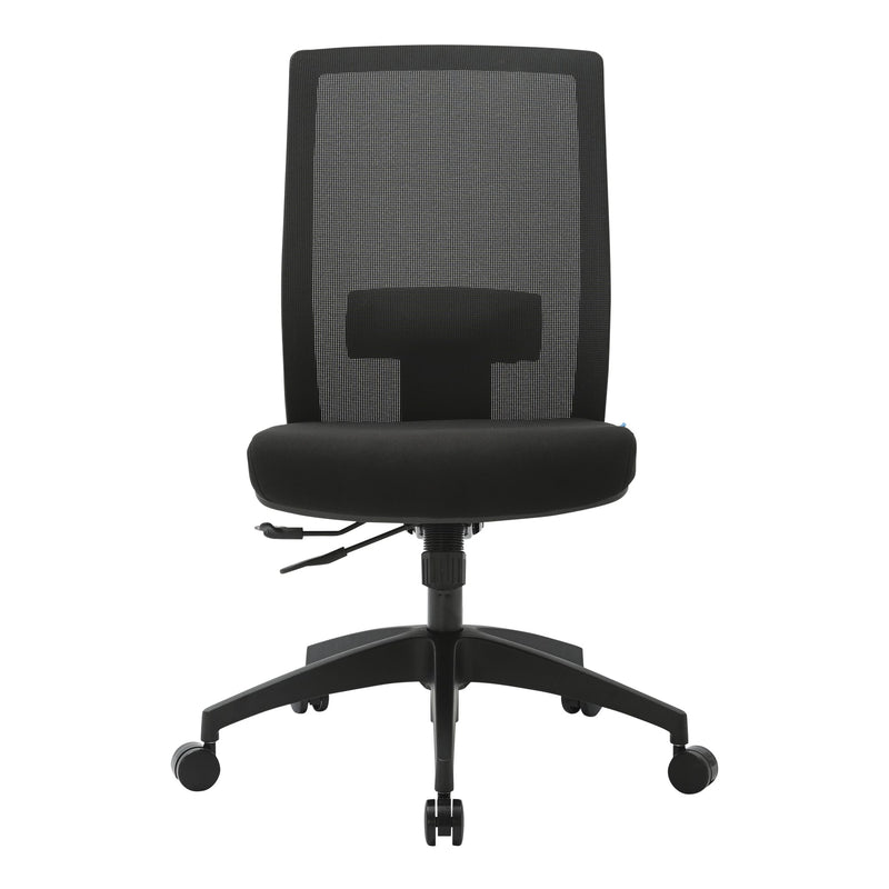 Front view of the black Buro Mantra chair without arms, showing the full width of the mesh back, fabric seat and black nylon base