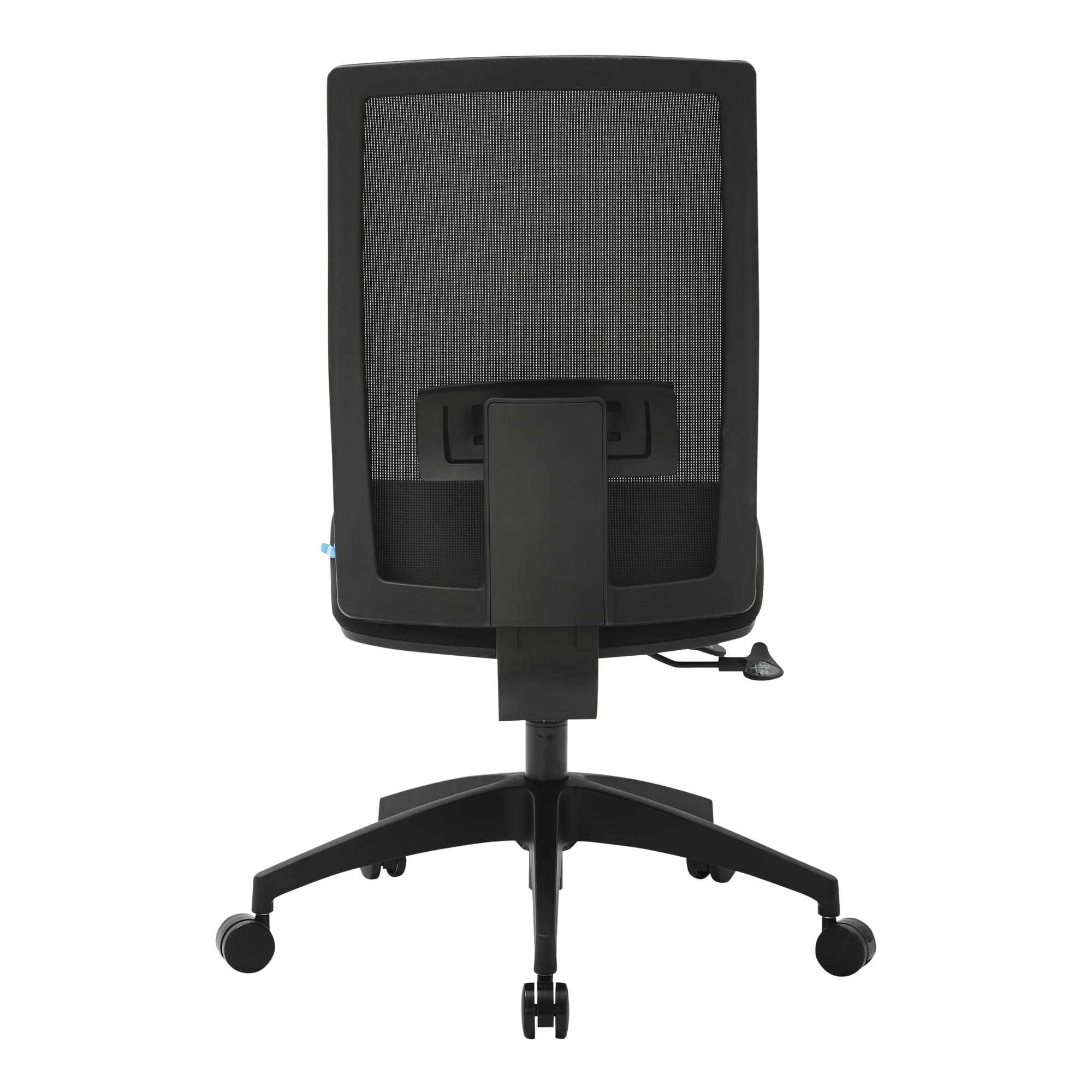 Rear view of the Buro Mantra chair in black, showing the mesh backrest with height adjustable ratchet and the back of the nylon base