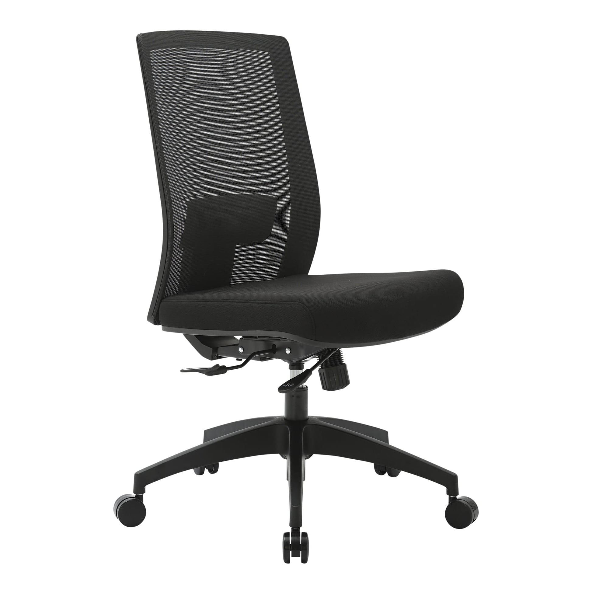Front angle view of the Buro Mantra chair without arms in black, showing the breathable mesh backrest, moulded foam seat and five star nylon base with castors