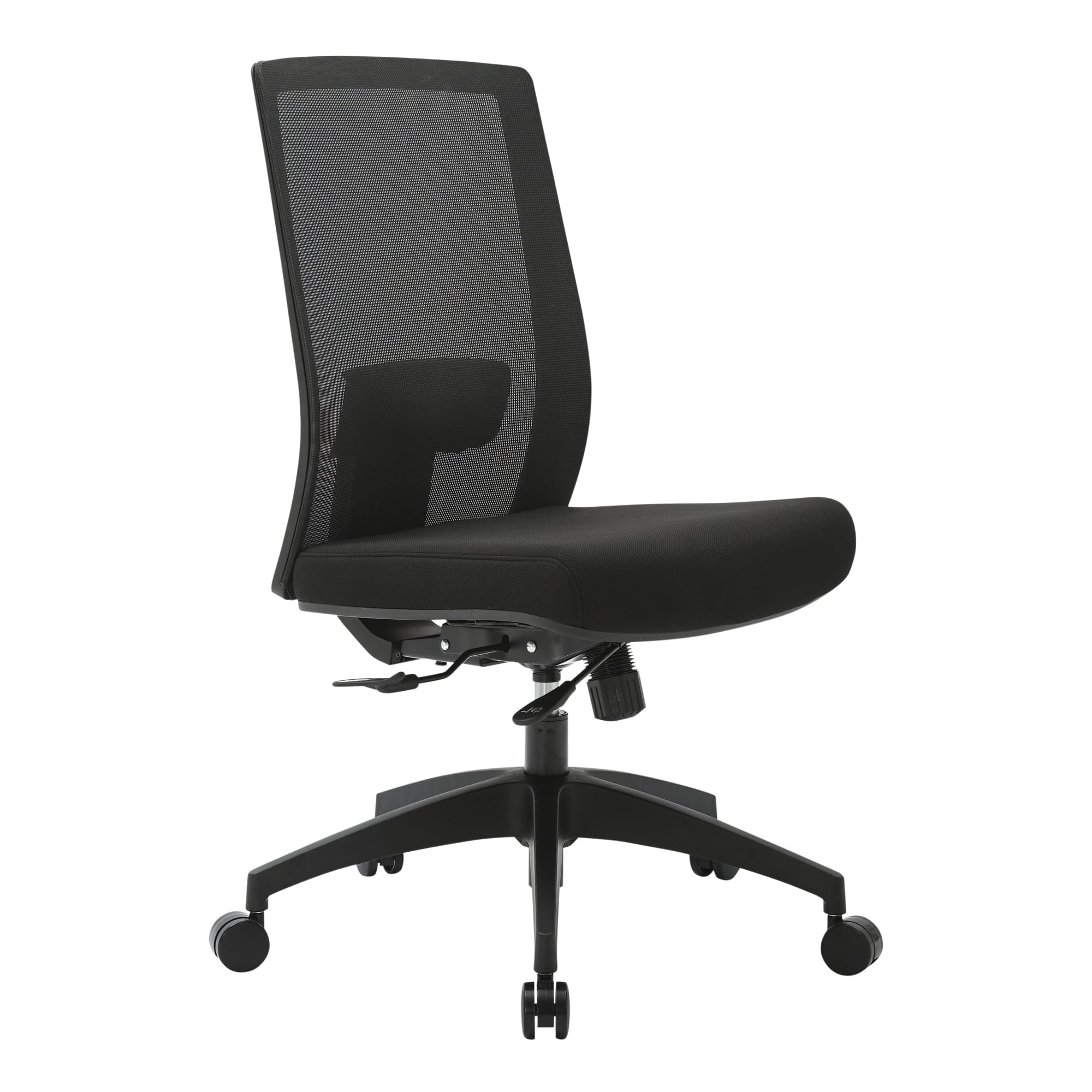 Front angle view of the Buro Mantra chair without arms in black, showing the breathable mesh backrest, moulded foam seat and five star nylon base with castors