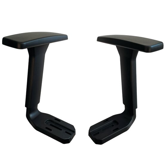 Buro 147-ARMS height adjustable armrests, a black left and right arm with padded tops and L shaped slotted mounting brackets