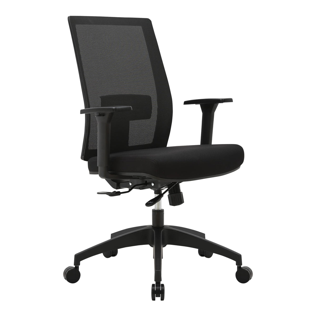 Black Buro Mantra mesh back office chair shown with height adjustable arms fitted, on a black five star base with castors
