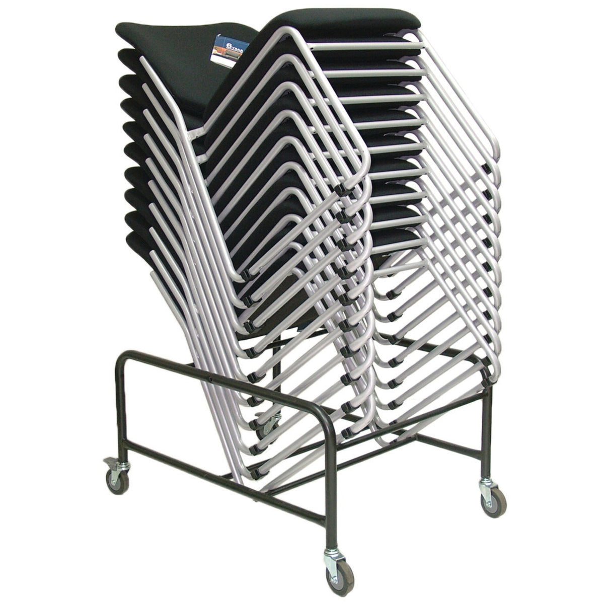 Buro Mario Trolley 550-DOLLY on castors carrying a tall stack of sled base chairs with silver frames and black seats and backs