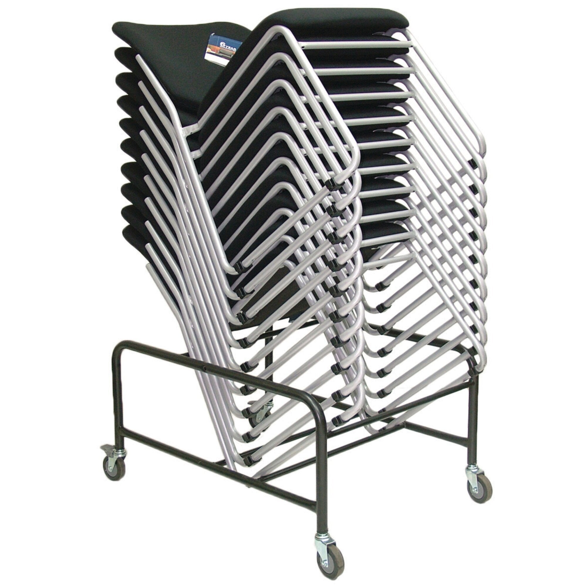 Buro Mario dolly chair trolley with steel frame and castors for transporting stacked Mario chairs, on white background
