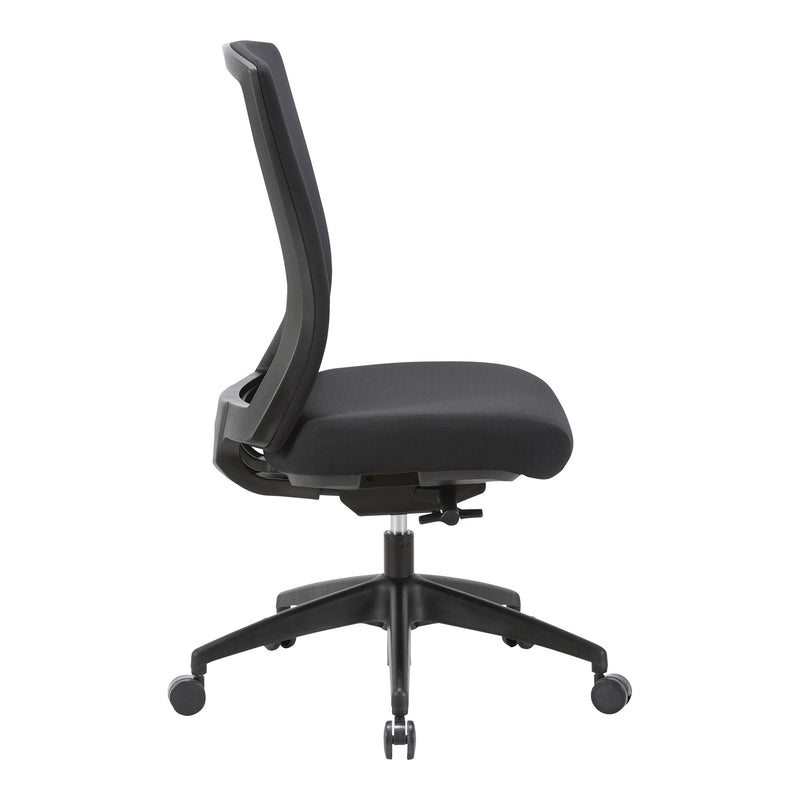 Alternate angle of Buro Mentor Chair Upholstered Back Nylon Base with Arms Rust SafeTex showing profile and construction detail