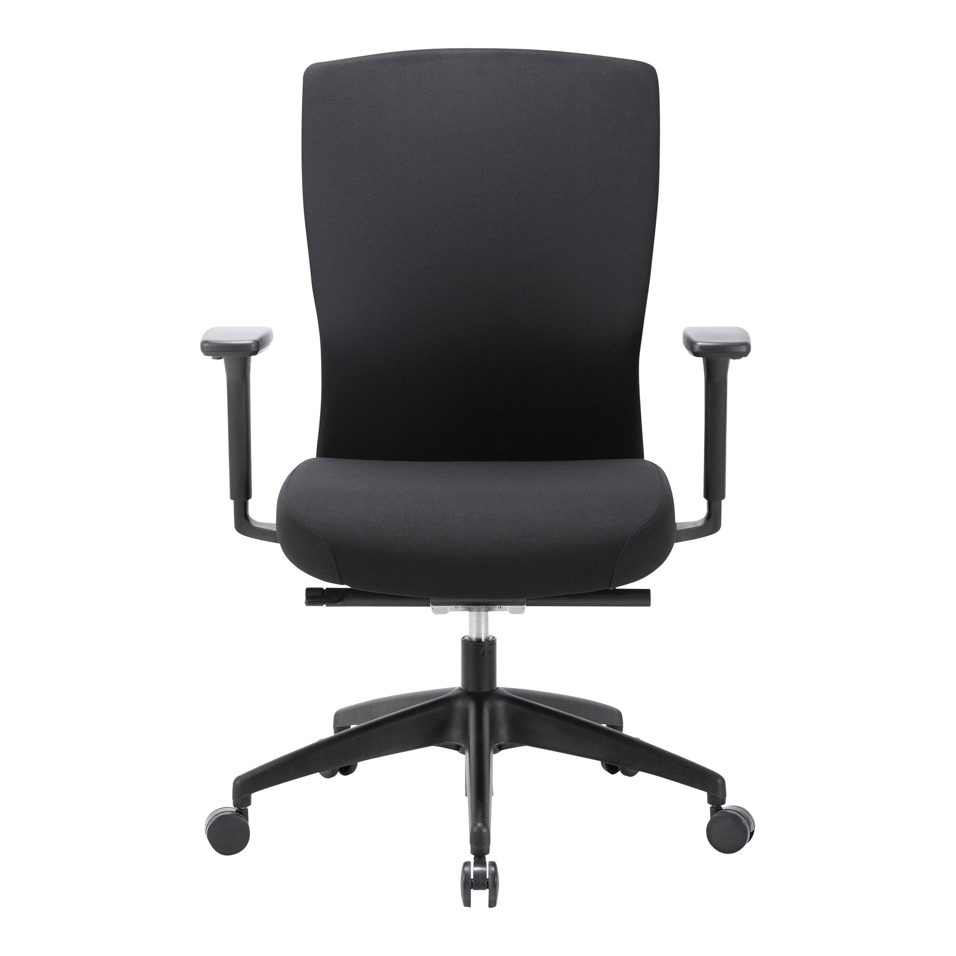 Detail view of Buro Mentor Chair Upholstered Back Nylon Base with Arms Rust SafeTex highlighting finish and adjustment features