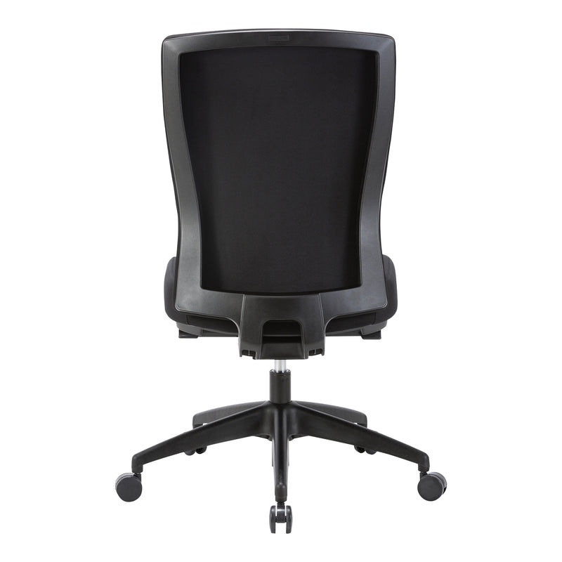 Rear view of Buro Mentor Chair Upholstered Back Nylon Base with Arms Rust SafeTex showing back construction