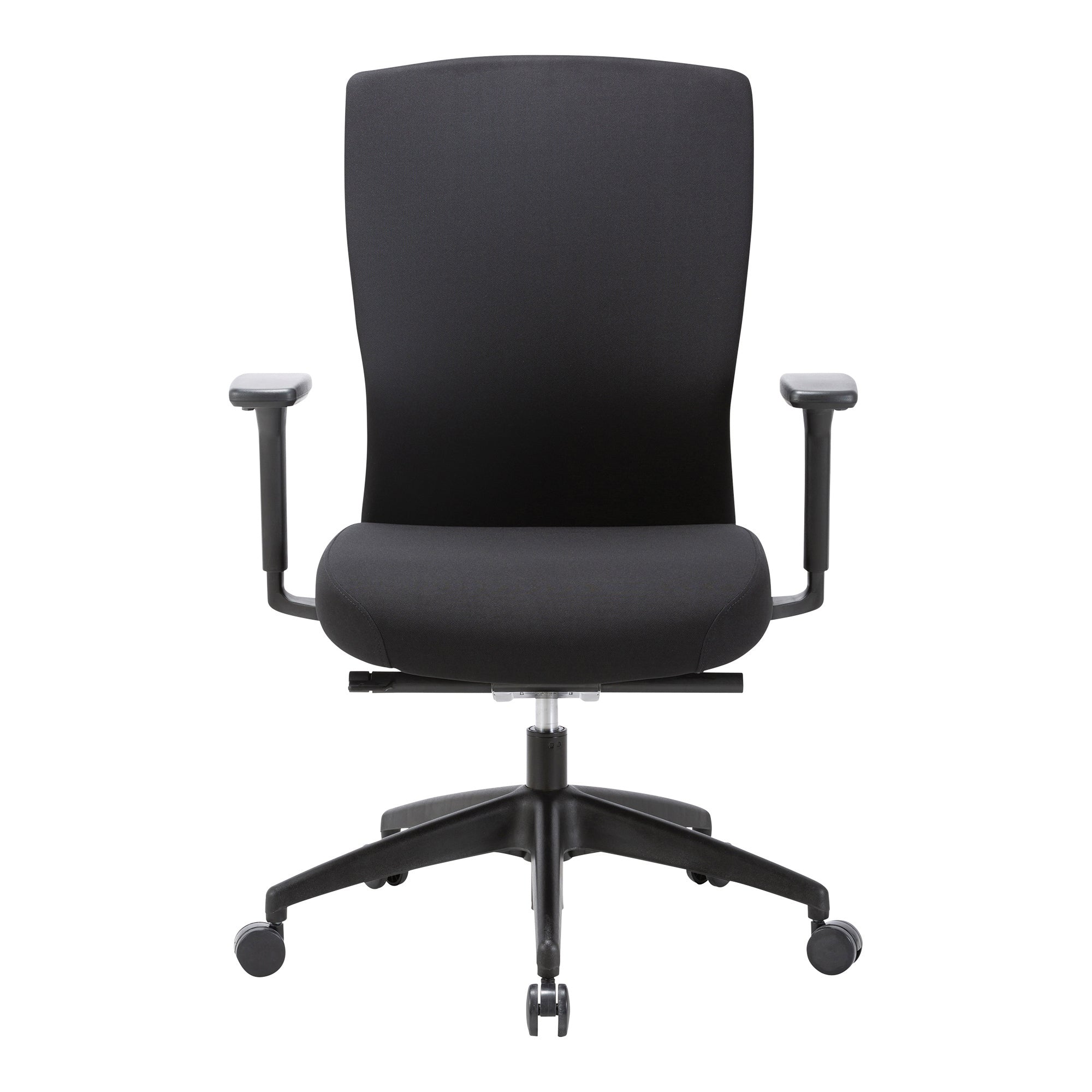 Detail view of Buro Mentor Chair Upholstered Back Nylon Base with Arms Smoke SafeTex highlighting finish and adjustment features