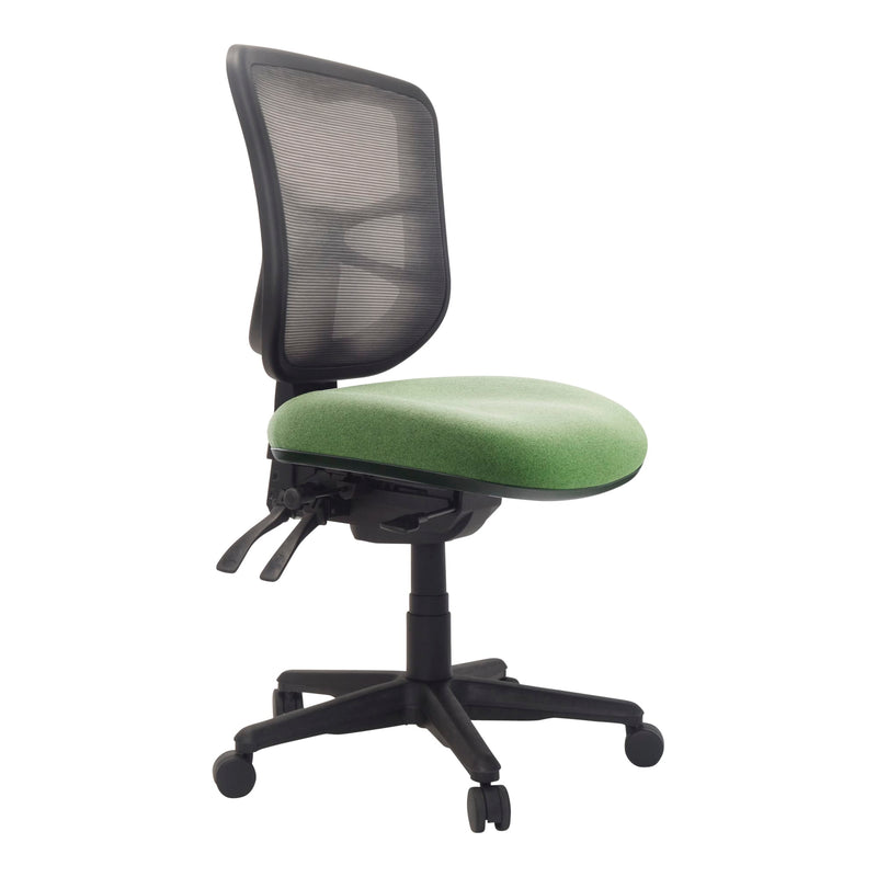 Front angle view of Buro Metro Chair with Seat Slide Nylon Base Without Arms Olive SafeTex against a white studio background