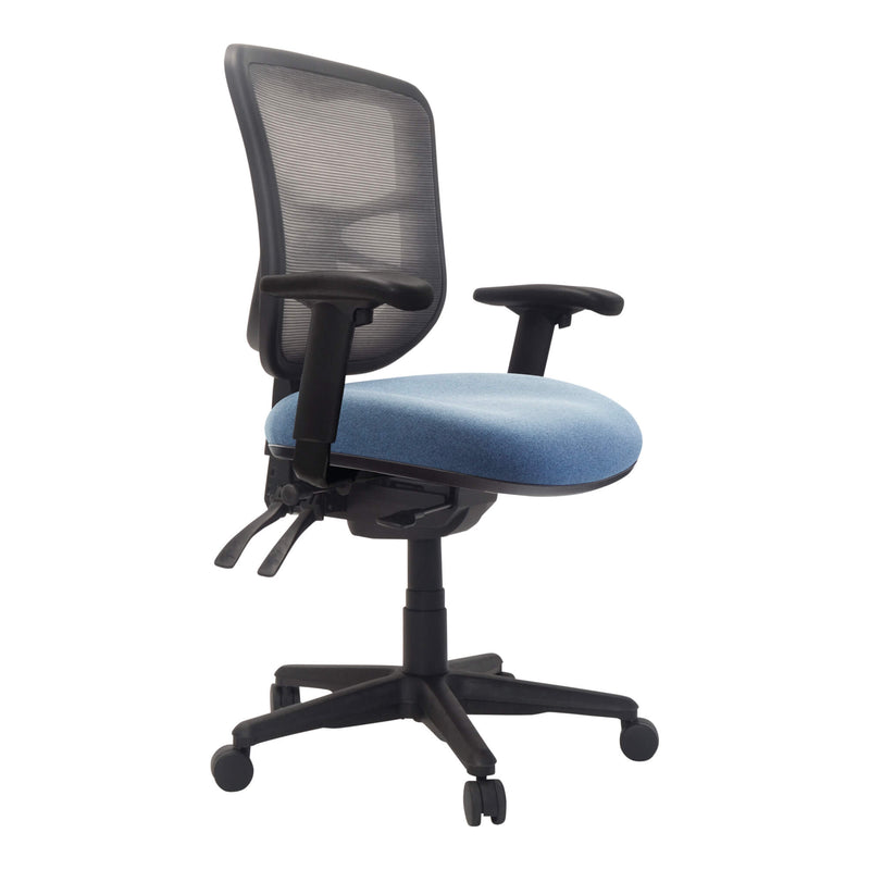 Alternate angle of Buro Metro Chair with Seat Slide Nylon Base Without Arms Rust SafeTex showing profile and construction detail